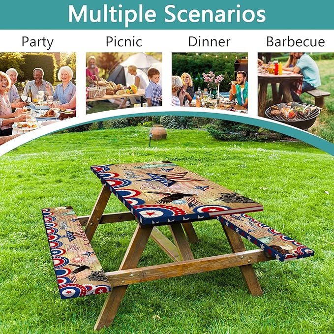 JAWO Patriotic 4th of July Picnic Table Cover with Bench Covers, Waterproof American Flag Eagle Tablecloth with Elastic Edge, Lightweight Camping Essentials for Rectangle Tables with Carrying Bag,96in