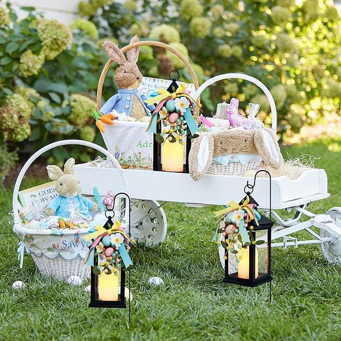 Easter Lanterns Decorative Indoor & Outdoor, 14 Inch Black Candle Lanterns with Timer Waterproof, Hanging Spring and Easter Lantern Decor for Home, Table, Porch, Patio, 2 Pack