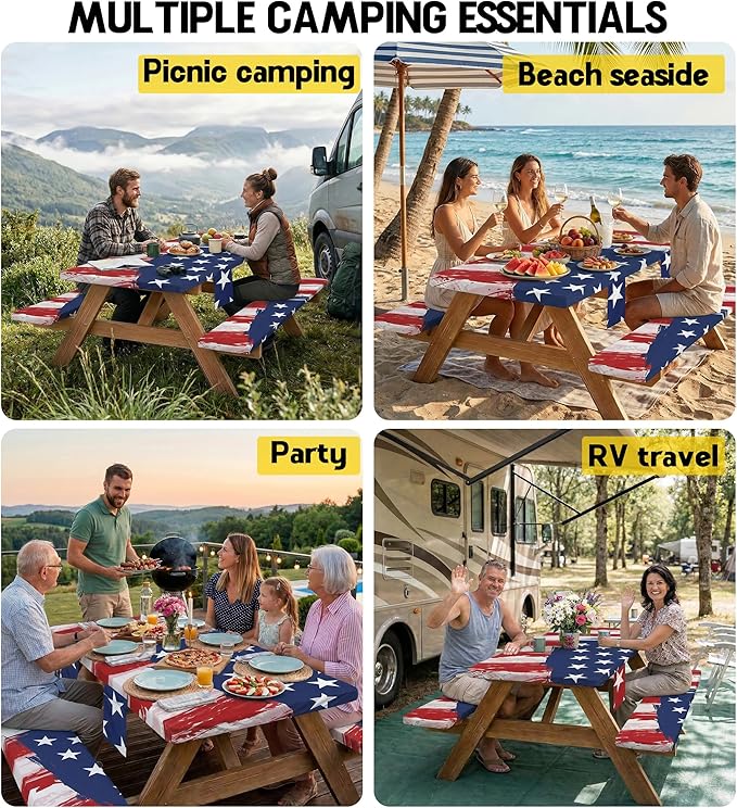 Picnic Table Cover with Bench Covers Waterproof Rectangle Tablecloth Camping Essentials Supplies Rv Travel Must Haves Gear Accessories Fitted Table Cloth Outdoor Road Trip Camper Gifts American Flag