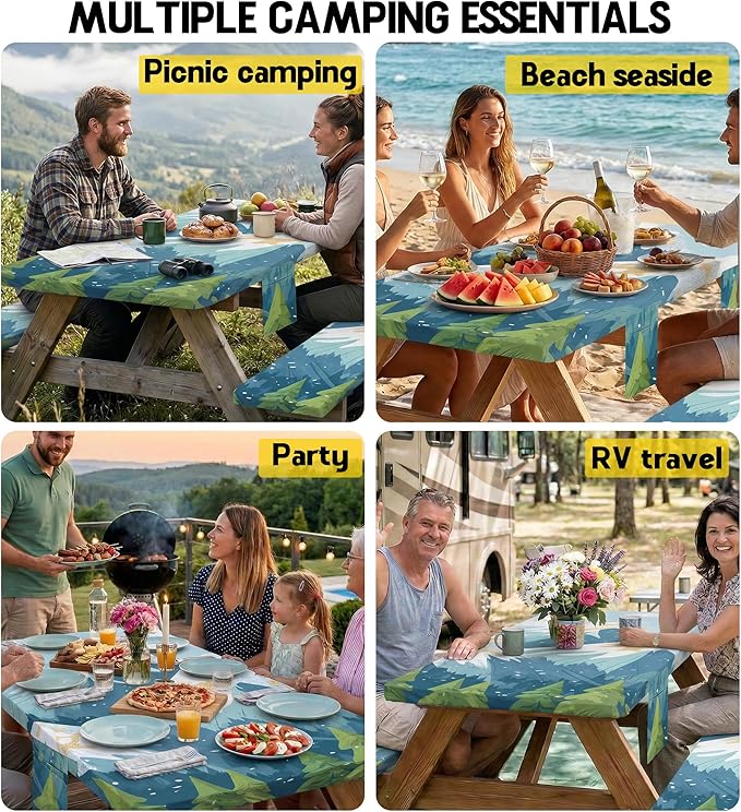 Picnic Table Cover with Bench Covers Waterproof Vinyl Elastic Rectangle Fitted Table Cloth Camping Lovers Essentials Rv Car Travel Overlanding Outdoor Roadtrip Road Trip Men Women Camper Gifts 6 Foot