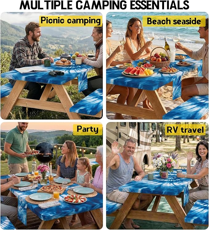 Picnic Table Cover with Bench Covers Camping Essentials Windproof Waterproof Patio Outdoor Tablecloth with Storage Bag, Fitted Rectangle Tables and Seats Tablecover for Rv Owner Camper 72in