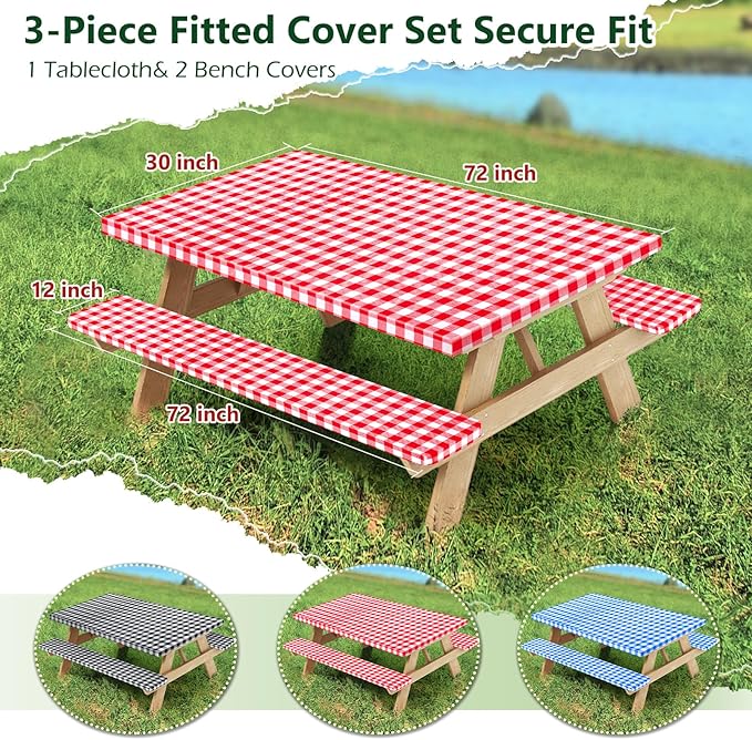 Picnic Table Cover with Bench Covers and Bag, Camping Table Camping Essentials Cover with Elastic Edges (Red)