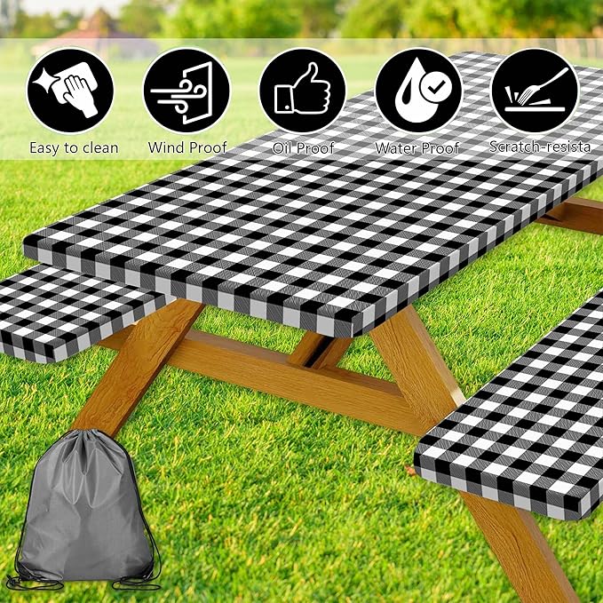 Picnic Table Cover with Bench Covers, Black and White Checkered Waterproof and Windproof, Fitted Tablecloth Cover with Elastic Edge, for Outdoor, Garden, Camping, 3 Pieces Set, 30x72 Inch