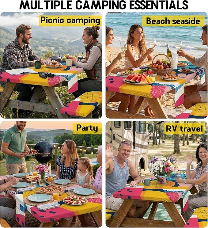 Picnic Table Cover with Bench Covers Waterproof Fitted Table Cloth Tablecover Camper Camp Camping Essentials Outdoor Beach Summer River Water Motorhome Trailer Road Trip Tent Rv Car Travel Activities