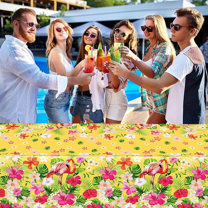 QZYL 3 PCS Hawaiian Table Cloths, 54 x 108 Inches Luau Tablecloths, Disposable Aloha Party Decorations with Summer Flamingo Palm Leaves, Plastic Luau Party Supplies Tropical Decorations for Tiki Bar