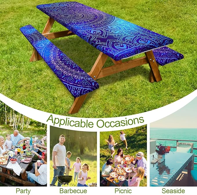 Picnic Table Cover with Bench Covers Camping Essentials Waterproof Windproof Camping Tablecloth with Drawstring Bag, Fitted Rectangle Tables and Seats, 96in, Blue Purple
