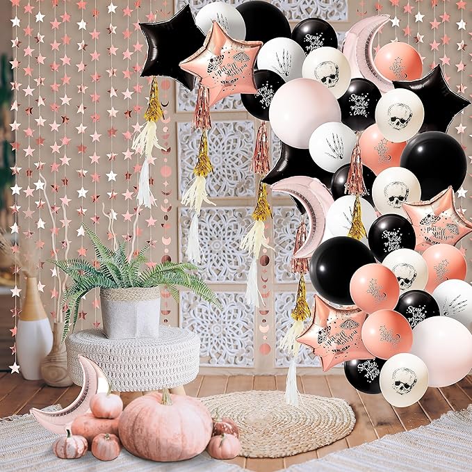 Cheerland Boho Party Decorations Rose Gold Black Balloon Kit Bohemian Birthday Decorations Cresent Moon Garlands Boho Theme Party Backdrop Halloween Party Decor