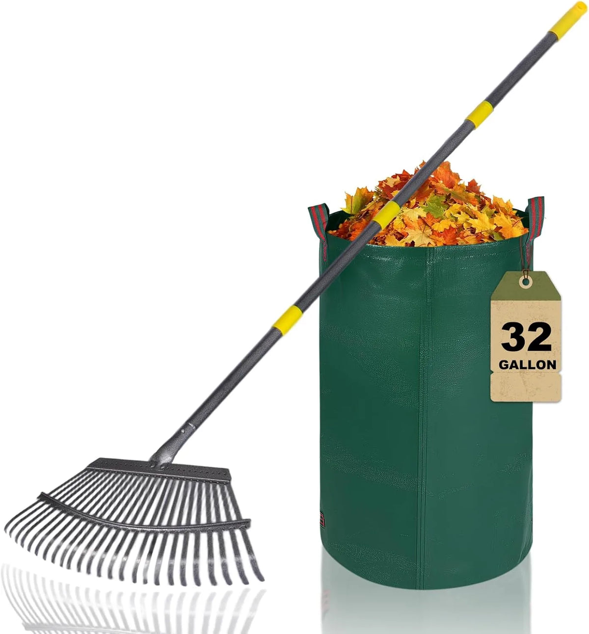25 Metal Tines Rake for Leaves, 36-73" Adjustable Handle Garden Rakes,18" Wide Heavy Duty Rake with 32Gallon Reuseable Leaf Bag
