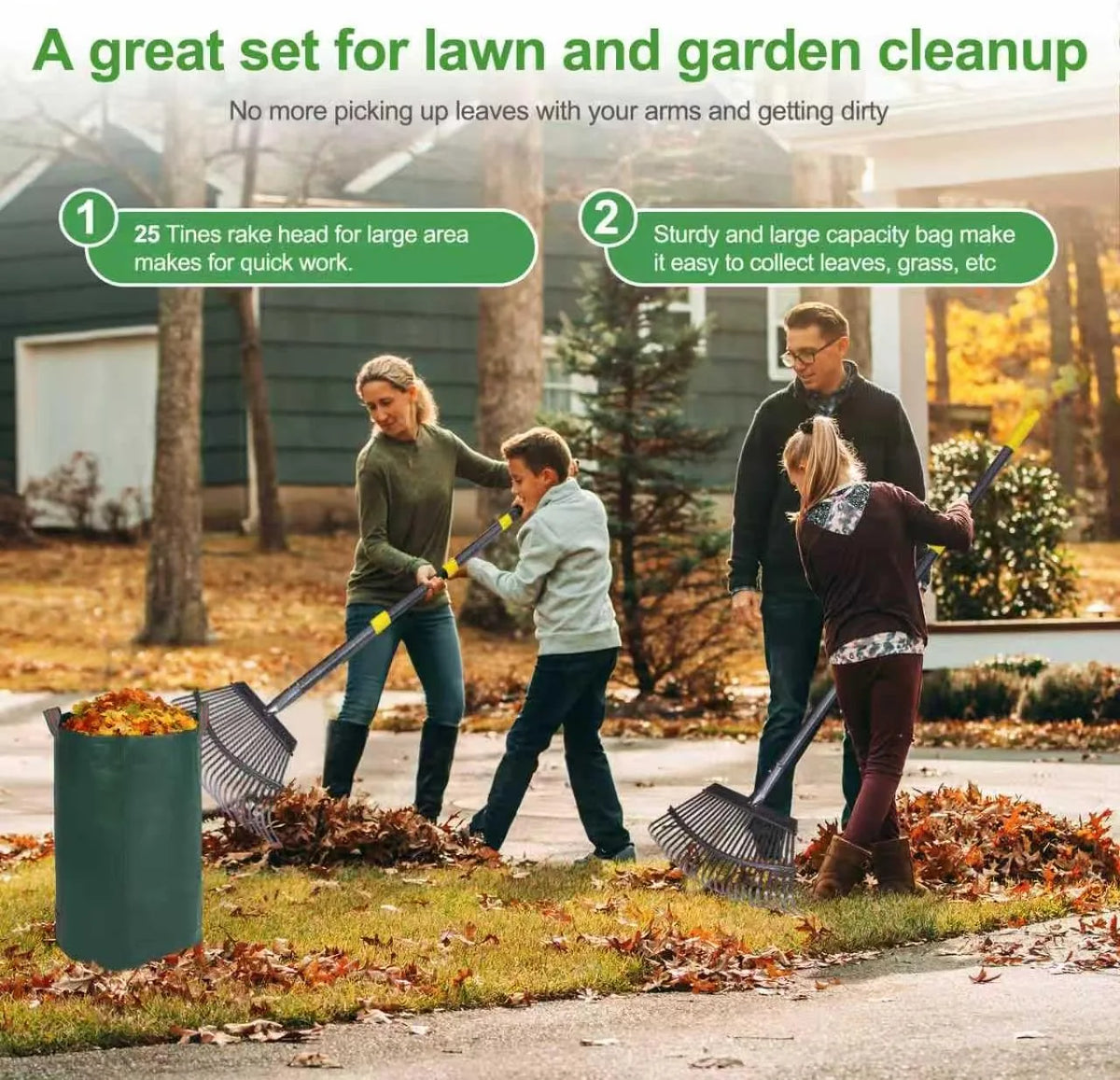 25 Metal Tines Rake for Leaves, 36-73" Adjustable Handle Garden Rakes,18" Wide Heavy Duty Rake with 32Gallon Reuseable Leaf Bag