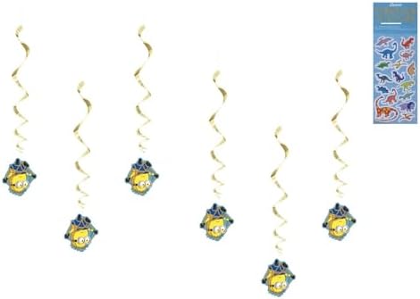 Unique Despicable Me Birthday Party Supplies Bundle Pack includes 1 Happy Birthday Banner, 6 Hanging Swirl Decorations, 1 Dinosaur Sticker Sheet