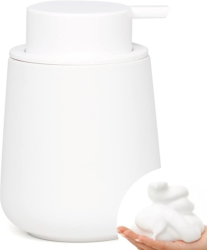 Bosilunlife Ceramic Foaming Soap Dispenser - 12Oz Bathroom Countertop Kitchen Dish Soap Pump Dispenser Foam Soap Dispenser - Rubber Paint White