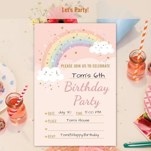 Pink Gold Rainbow Cloud Star Birthday Party Invitations