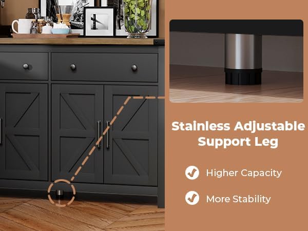 55" Sideboard Buffet Cabinet with Storage, Coffee Bar Cabinet with 2 Drawers and 4 Barn Doors, Long Storage Cabinet Modern Farmhouse, Black Wood
