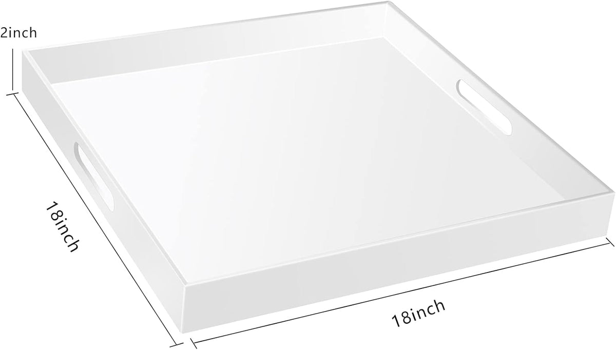 18×18 Inches Glossy White Acrylic Serving Tray with Handles Extra Large Ottoman Tray Decorative Trays Spill-Proof Coffee Table Space Saver Oversize
