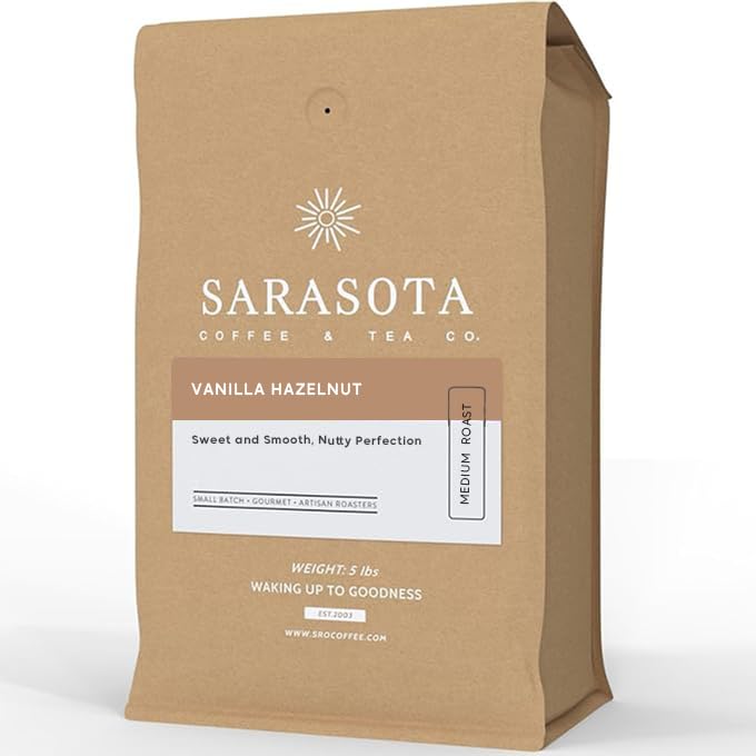 Sarasota Coffee Whole Bean Vanilla Hazelnut, Medium Roast Gourmet Flavored Coffee Beans, Low Acid, Mold Free, Specialty Grade Bulk Beans, 5lb (80 oz)