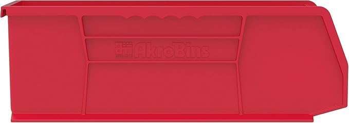 Akro-Mils 30234 AkroBins Plastic Storage Bins, Space-Saving Stackable Bins for Garage, Pantry, Craft Organization, 15" x 5" x 5", Red, 12-Pack