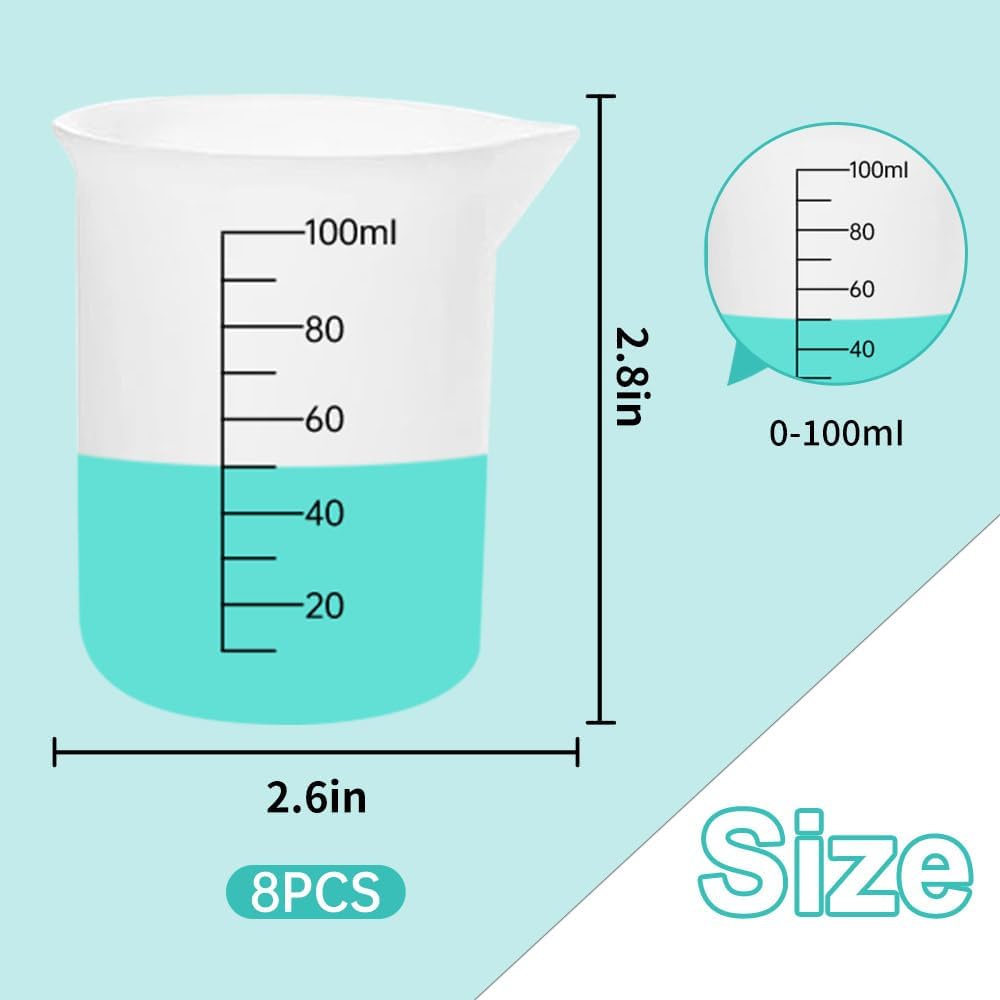 8 PCS Silicone Measuring Cups Kits,Silicone Measuring Cup,100ml Non-Stick Mixing Cups,Precise Scale,Durable Easy Clean for Epoxy Resin