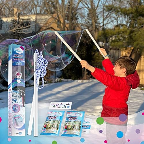 WOWMAZING Giant Bubble Kit Winter – Bubble Wand, 2 Big Bubbles Mix Pouches, 8 Cold-Activated Stickers for Outdoor Winter Fun |Bubbles Made in USA