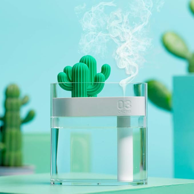 USB Cool Mist Humidifier with Night Light, Mini Size Cactus Humidifier for Bedroom Home Office Car with Timed auto Shutdown(Transparent)