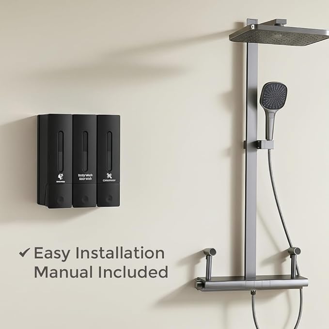 Soap Dispenser - 3 Chamber - 3x400ml - No Drill Wall Mount Bottles Organizer Toiletries for Cream Lotion Liquid Soaps Shampoo Conditioner Storage - Modern Essentials Bathroom Set - Black 2