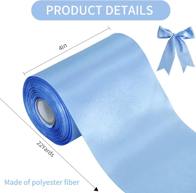 TONIFUL 4 Inch x 22Yards Wide Light Baby Blue Satin Ribbon Solid Fabric Large Ribbon for Cutting Ceremony Kit Grand Opening Chair Sash Hair Car Bows Sewing Craft Gift Wrapping Wedding Party Decoration