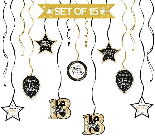 Happy 13th Birthday Black & Gold Glitter Swirls Streamers Party Decorations - 15 Pcs 13th Birthday Hanging Swirls Streamers Kit,Cheers to Thirteen Years Old Bday Party Sign.