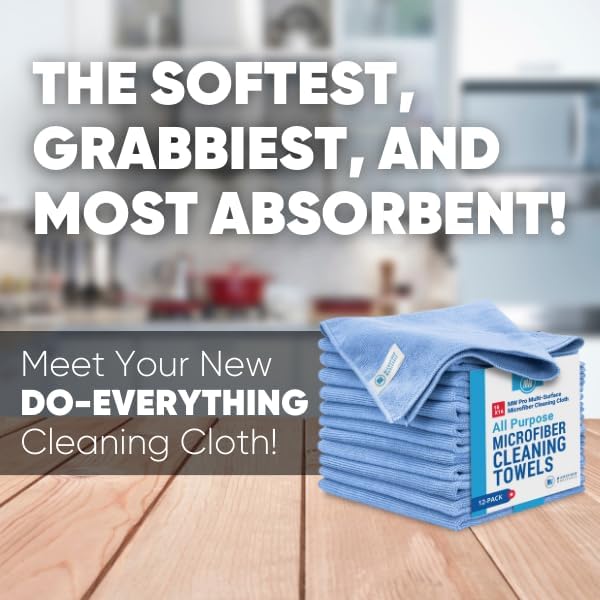 MW Pro Multi-Surface Microfiber Towel – 12 Pack, Premium Cleaning Cloth, Clean, Buff, Dust, Polish, Absorb, Large 16"x16" (Blue)
