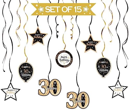 Happy 30th Birthday Black & Gold Glitter Swirls Streamers Party Decorations - 15 Pcs 30th Birthday Hanging Swirls Streamers Kit,Cheers to Thirty Years Old Bday Party Sign.