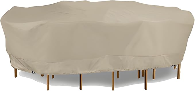 Eevelle Meridian Patio Oval Table Set Cover with Marine Grade Fabric - Outdoor Table Cover - Furniture Set Covers for Dining Table - Easy to Install - (25.5" H x 75" L x 52" W, Khaki)