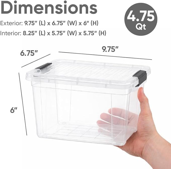 Superio Small Storage Bins with Lids- 4 Pack, 4.75 Qt Clear Boxes for Organizing, Stackable Plastic Containers- BPA Free, Non-Toxic, Odor Free, Organizer for Home, Office, Dorm