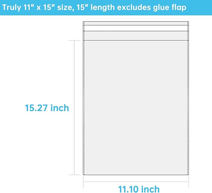 Self Sealing Cellophane Bags, Clear Resealable Bags for Packaging Clothing, 11x15 in, 100 Pcs