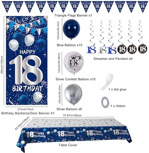 18th Birthday Decorations for Boys, Blue Silver 18 Year Old Party Decor