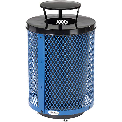 Global Industrial Outdoor Diamond Steel Trash Can with Rain Bonnet Lid, Raised Base and Plastic Liner, 36 Gallon Capacity, Blue, Thermoplastic Coating, 23-1/2" Diameter, 43-1/2"H