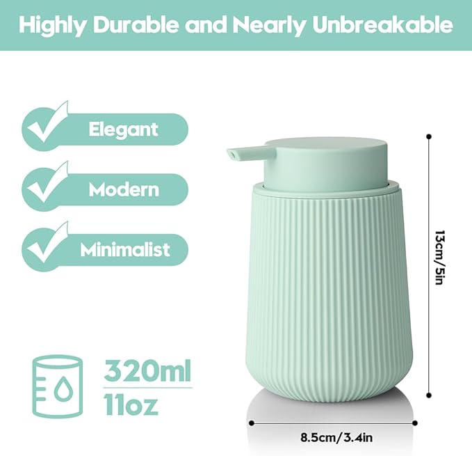 YAUKPH Striped Liquid Hand Soap Dispenser with Leak-Proof Pump for Bathroom and Kitchen Countertop 11 oz Light Green