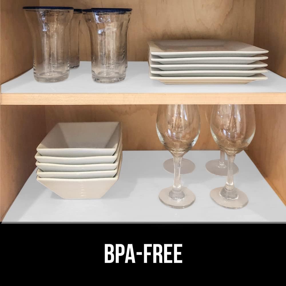 GORILLA GRIP DuraGuard Shelf Liner, Non-Adhesive Cabinet Liners for Kitchen Drawers, Shelves, Refrigerator, Pantry Storage, Bathroom Closet, Durable Waterproof BPA Free Ribbed Plastic, 20x10 White