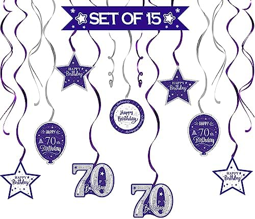 Happy 70th Birthday Purple & Silver Glitter Swirls Streamers Party Decorations - 15 Pcs 70th Birthday Hanging Swirls Streamers Kit,Cheers to Seventy Years Old Bday Party Sign.