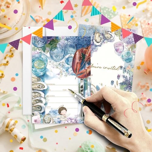 AEHIE 20 Sets Coastal Beach Seafood Boil Party Invitations With Envelopes, Coastal Ocean Floral Party Invitations Invite Cards for Women Men Ladies Girls Adults