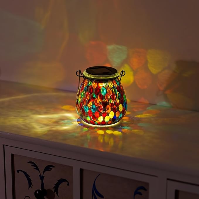 Starsoul 2 Pack Solar Lanterns Outdoor Waterproof, Exquisite Colorful Mosaic Glass Solar Garden Decor, Gifts for Women Mom Grandma