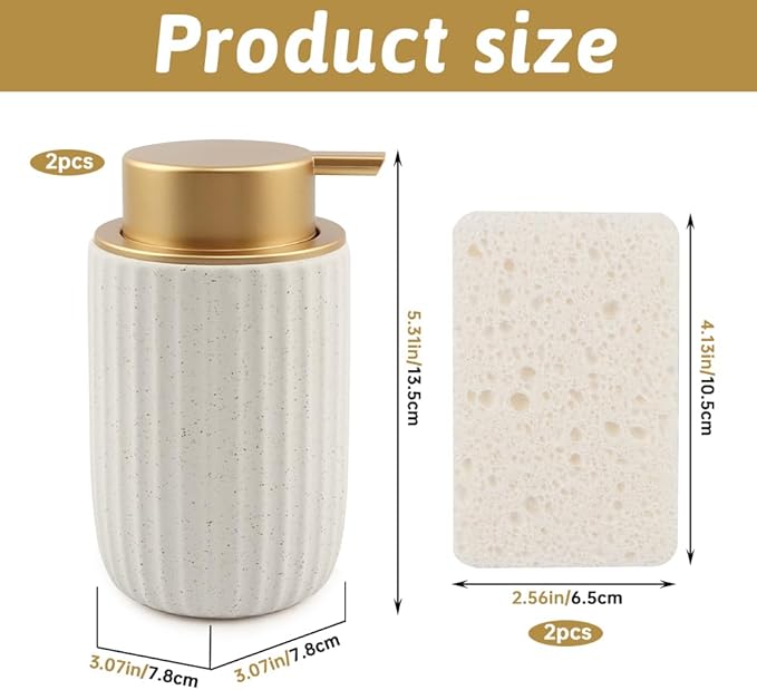 2 Pack Speckled Ceramic Foam Soap Dispenser, 12 oz Matte Pump Hand Foam Dispenser with 2 Cleaning Sponges, Refillable Pump, Foaming Dispenser for Bathroom, Kitchen (Color:Speckled White)