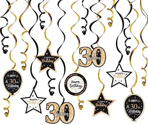 Happy 30th Birthday Black & Gold Glitter Swirls Streamers Party Decorations - 15 Pcs 30th Birthday Hanging Swirls Streamers Kit,Cheers to Thirty Years Old Bday Party Sign.