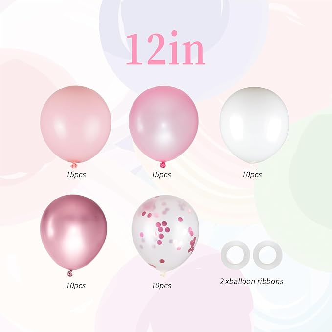 60pcs Pink and White Balloons, 12" Metallic Pearl Pastel Baby Pink Confetti Balloons for wedding Baby Bridal Shower Princess Birthday Decorations (66ft Ribbons)