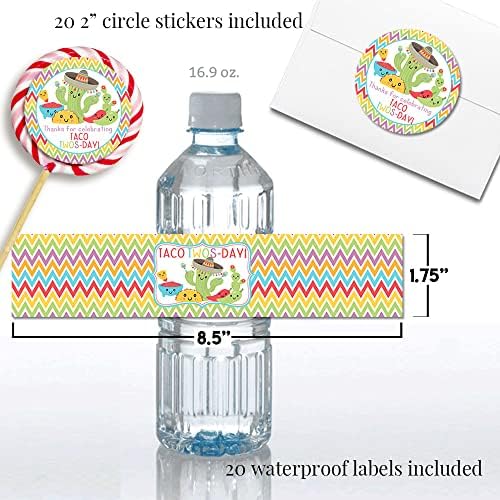 Deluxe Taco Twos-Day 2nd Birthday Party Bundle Includes 20 each of Invitations & Thank You Cards with Envelopes + 2 Different Sizes of Stickers, Mini Candy Bar Wrappers, & Water Bottle Labels!