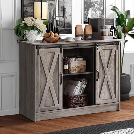 4 Ever Winner Farmhouse Coffee Bar Cabinet with Sliding Barn Door, 42” Coffee Bar Table with Adjustable Shelves