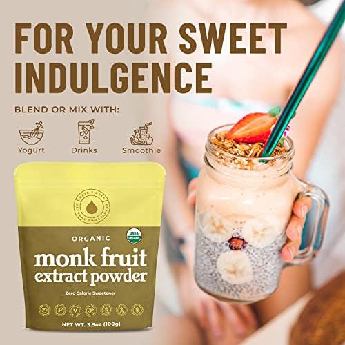 Monk Fruit Extract Sweetener, 3.5 oz, Pure USDA Organic with No Fillers Zero Calories, Zero Carbs, Keto & Paleo Friendly Sugar Substitute