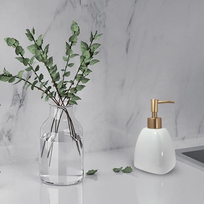 Liquid Soap Dispenser for Bathroom with Gold Pump，Dish Soap Dispenser for Kitchen，Refillable Countertop Lotion Ceramics White Hand Soap Dispenser for Shower 430ml (Pyramid White Bottle)