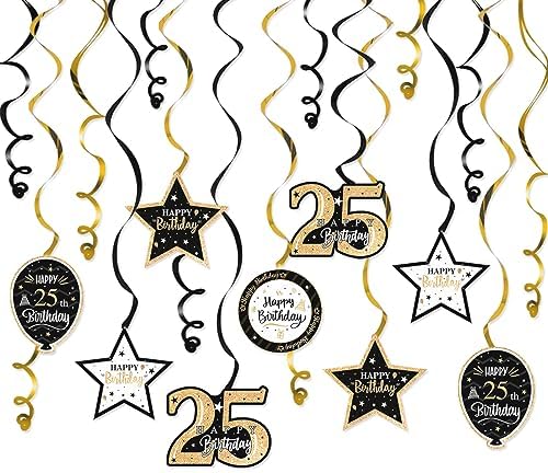 Happy 25th Birthday Black & Gold Glitter Swirls Streamers Party Decorations - 15 Pcs 25th Birthday Hanging Swirls Streamers Kit,Perfect for 25th Bday Party Sign.