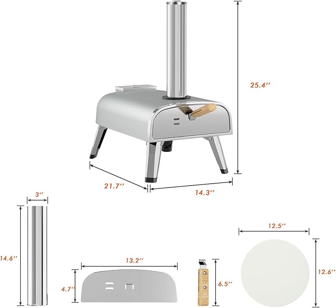 Outdoor Pizza Oven 12" Wood Pellet Pizza ovens With Rotatable Round Pizza Stone Portable Wood Fired with Built-in Thermometer Pizza Stove for Outside Backyard Camping Picnics (Grey-revolving)