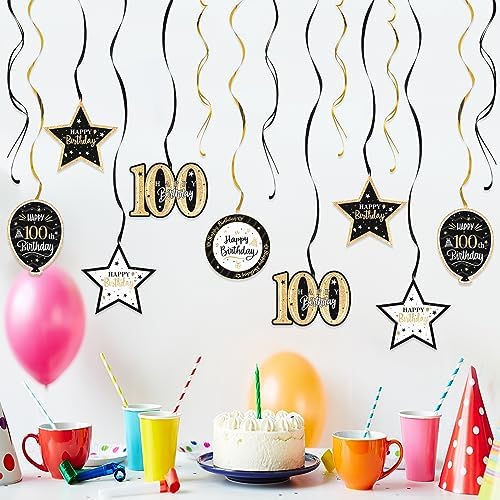 Happy 100th Birthday Black & Gold Glitter Swirls Streamers Party Decorations - 15 Pcs 100th Birthday Hanging Swirls Streamers Kit,Cheers to 100 Years Old Bday Party Sign.