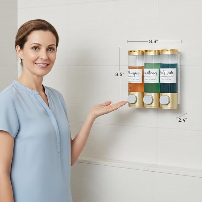 Soap Dispenser - 3 Chamber - 3x300ml - No Drill Wall Mount Bottles Organizer Toiletries for Cream Lotion Liquid Soaps Shampoo Conditioner Storage - Modern Essentials Bathroom Set (Gold 1)