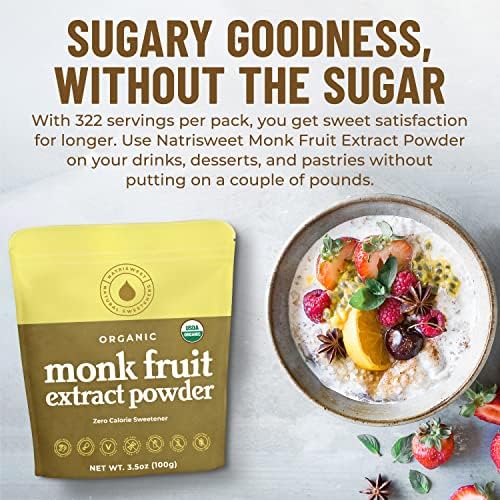 Monk Fruit Extract Sweetener, 3.5 oz, Pure USDA Organic with No Fillers Zero Calories, Zero Carbs, Keto & Paleo Friendly Sugar Substitute